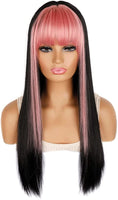 Full Fashion Black Mix Purple Long Straight Wigs M
