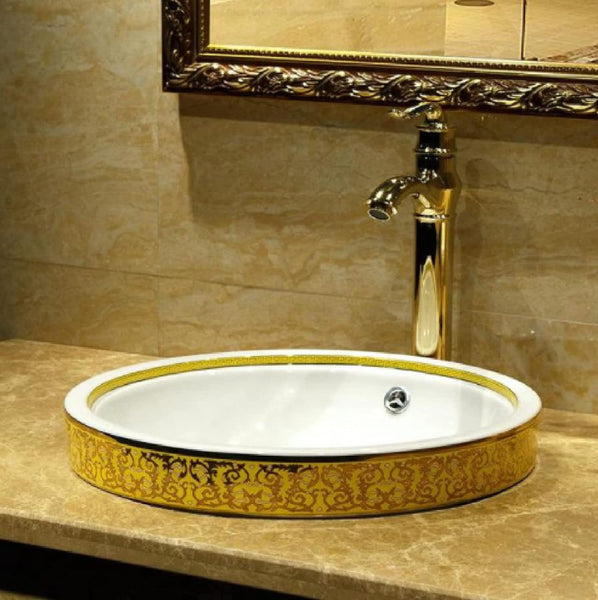 Ceramic Countertop Basin Golden Semi Embedded Plat
